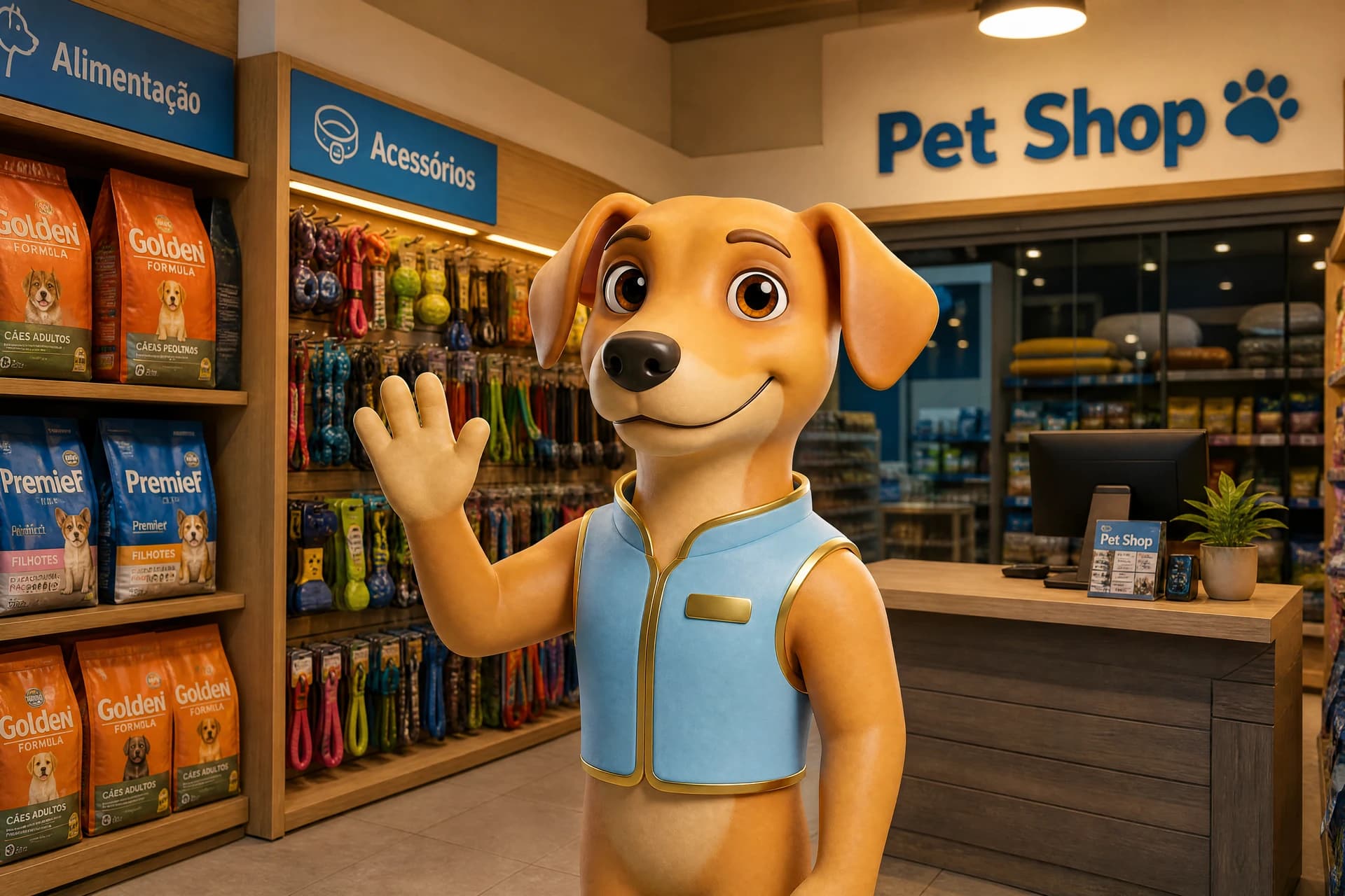 Zeus (cachorro 3D com colete azul e detalhes dourados) acenando dentro de um pet shop com prateleiras de ração e acessórios ao fundo